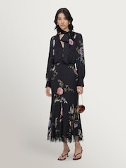 Self-Portrait Black Satin Floral Printed Midi Dress - Image 3 of 5