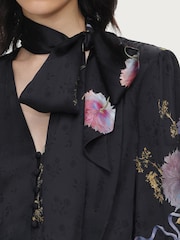 Self-Portrait Black Satin Floral Printed Midi Dress - Image 4 of 5