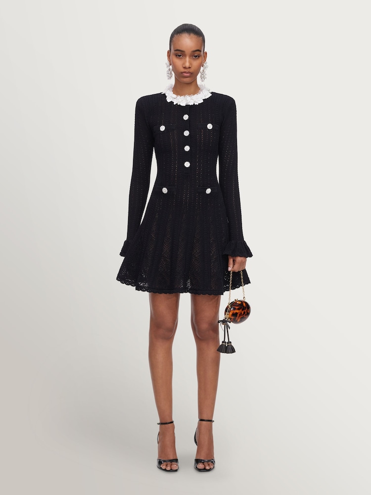 Self-Portrait Black Flower Trim Knit Mini Dress - Image 1 of 5 Self-Portrait Black Flower Trim Knit Mini Dress - Image 1 of 5