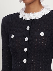 Self-Portrait Black Flower Trim Knit Mini Dress - Image 4 of 5
