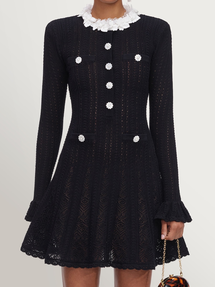 Self-Portrait Black Flower Trim Knit Mini Dress - Image 5 of 5 Self-Portrait Black Flower Trim Knit Mini Dress - Image 5 of 5