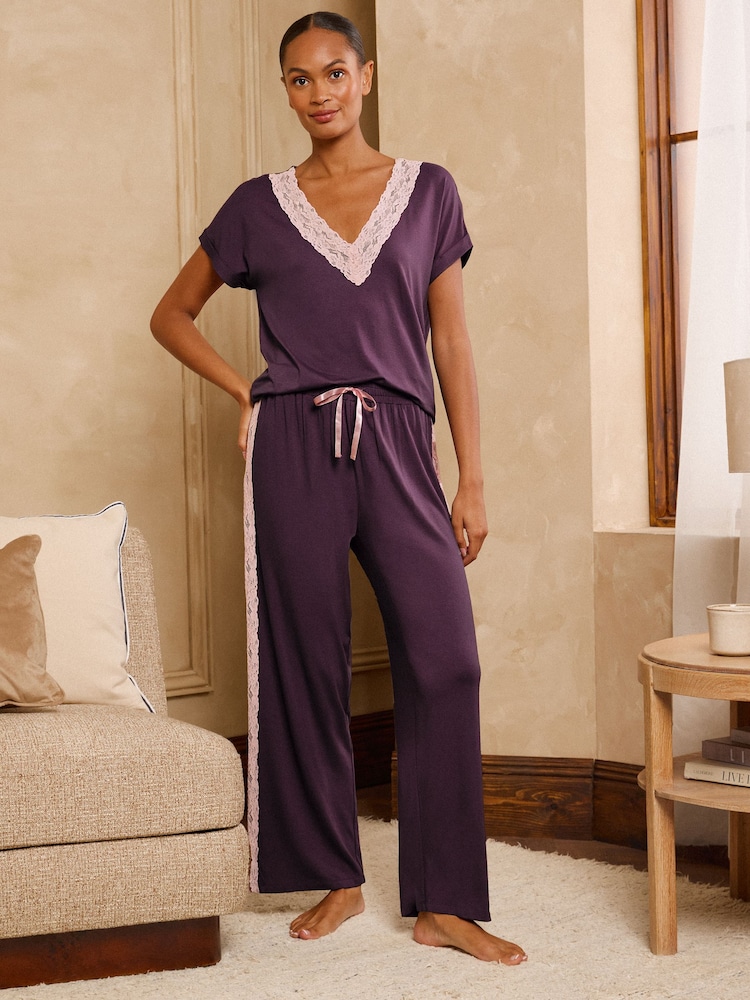 Love & Roses Purple Lace V-Neck Soft Jersey Pyjamas Set - Image 1 of 6 Love & Roses Purple Lace V-Neck Soft Jersey Pyjamas Set - Image 1 of 6