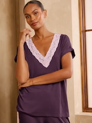 Love & Roses Purple Lace V-Neck Soft Jersey Pyjamas Set - Image 2 of 6