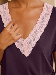 Love & Roses Purple Lace V-Neck Soft Jersey Pyjamas Set - Image 3 of 6