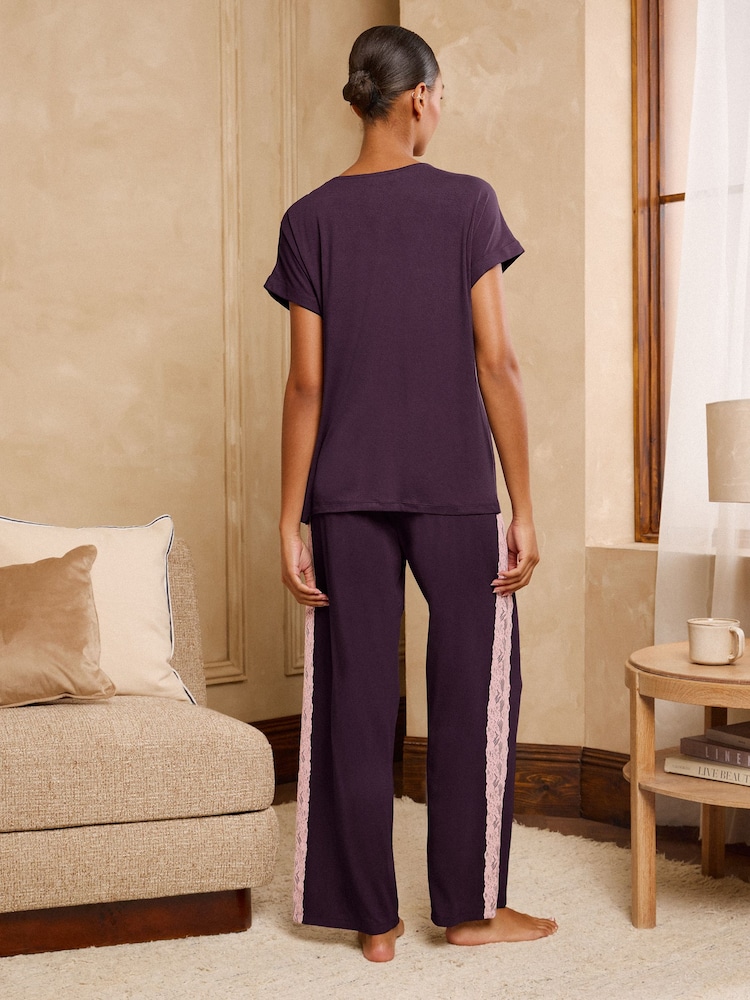 Love & Roses Purple Lace V-Neck Soft Jersey Pyjamas Set - Image 6 of 6 Love & Roses Purple Lace V-Neck Soft Jersey Pyjamas Set - Image 6 of 6