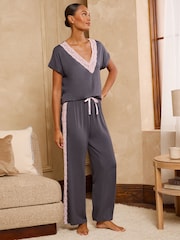 Love & Roses Grey Lace V-Neck Soft Jersey Pyjamas Set - Image 2 of 6
