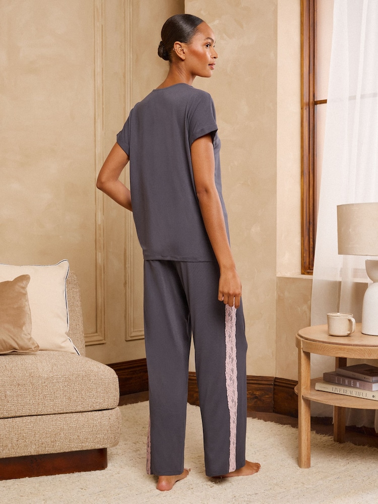Love & Roses Grey Lace V-Neck Soft Jersey Pyjamas Set - Image 6 of 6 Love & Roses Grey Lace V-Neck Soft Jersey Pyjamas Set - Image 6 of 6