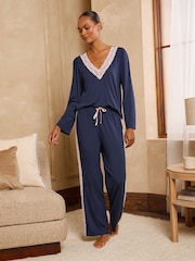 Love & Roses Navy Lace V-Neck Soft Jersey Pyjamas Set - Image 1 of 6