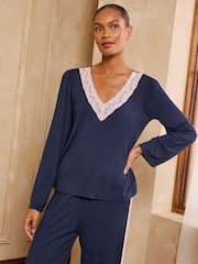 Love & Roses Navy Lace V-Neck Soft Jersey Pyjamas Set - Image 2 of 6