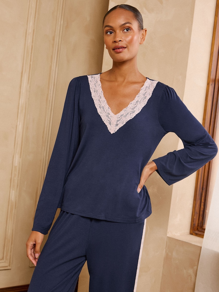 Love & Roses Navy Lace V-Neck Soft Jersey Pyjamas Set - Image 2 of 6
