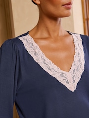 Love & Roses Navy Lace V-Neck Soft Jersey Pyjamas Set - Image 3 of 6
