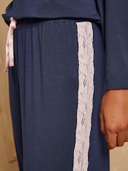 Love & Roses Navy Lace V-Neck Soft Jersey Pyjamas Set - Image 5 of 6