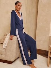 Love & Roses Navy Lace V-Neck Soft Jersey Pyjamas Set - Image 6 of 6