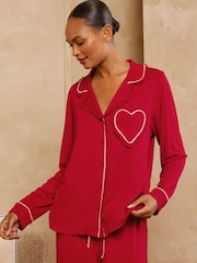 Love & Roses Red Heart Frilled Detail Jersey Button Through Pyjamas Set - Image 1 of 6