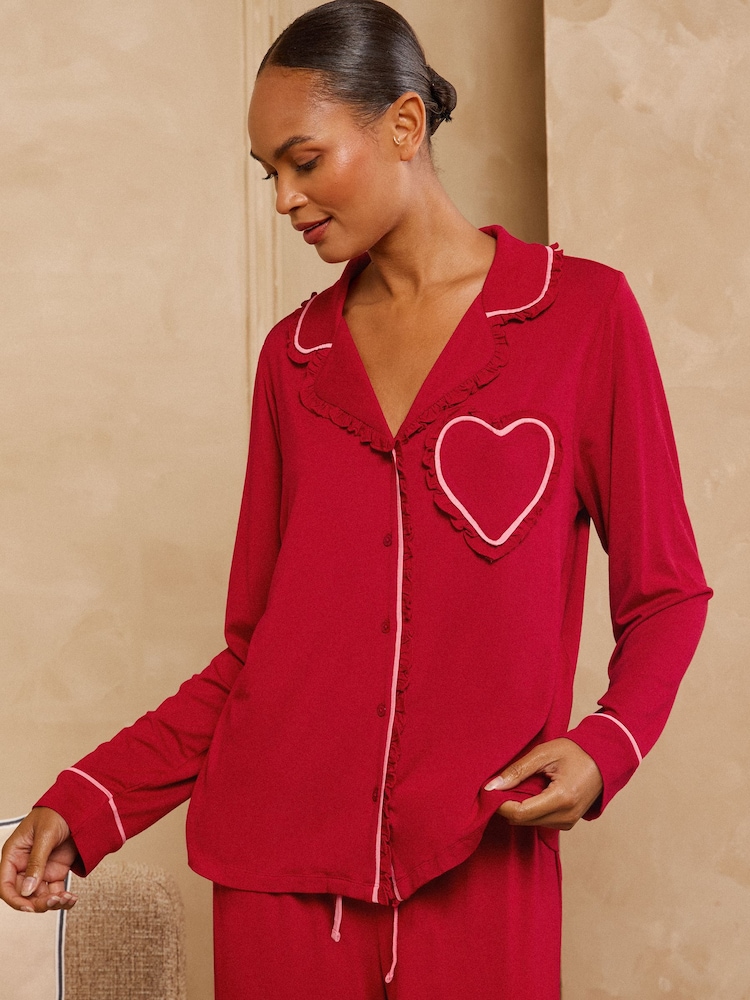 Love & Roses Red Heart Frilled Detail Jersey Button Through Pyjamas Set - Image 1 of 6 Love & Roses Red Heart Frilled Detail Jersey Button Through Pyjamas Set - Image 1 of 6