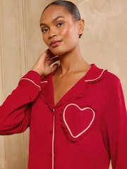 Love & Roses Red Heart Frilled Detail Jersey Button Through Pyjamas Set - Image 2 of 6