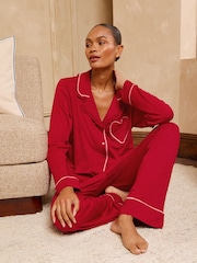 Love & Roses Red Heart Frilled Detail Jersey Button Through Pyjamas Set - Image 4 of 6