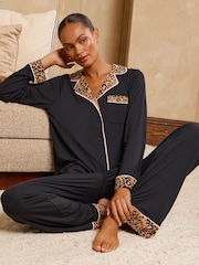 Love & Roses Black Leopard Tipped Jersey Button Through Pyjamas Set - Image 1 of 6