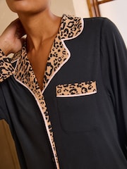 Love & Roses Black Leopard Tipped Jersey Button Through Pyjamas Set - Image 2 of 6
