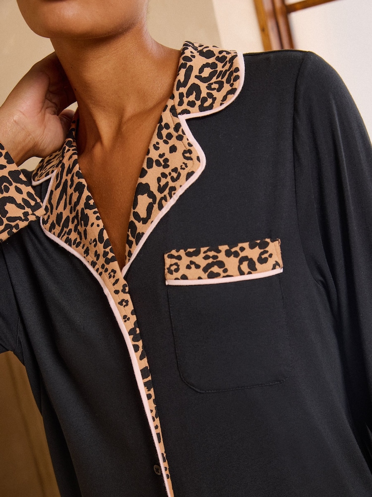 Love & Roses Black Leopard Tipped Jersey Button Through Pyjamas Set - Image 2 of 6 Love & Roses Black Leopard Tipped Jersey Button Through Pyjamas Set - Image 2 of 6