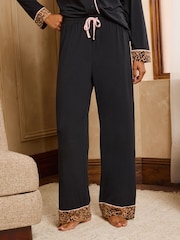 Love & Roses Black Leopard Tipped Jersey Button Through Pyjamas Set - Image 3 of 6