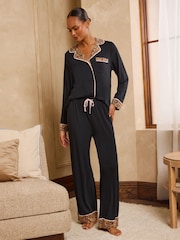 Love & Roses Black Leopard Tipped Jersey Button Through Pyjamas Set - Image 4 of 6