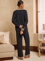 Love & Roses Black Leopard Tipped Jersey Button Through Pyjamas Set - Image 5 of 6