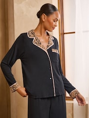 Love & Roses Black Leopard Tipped Jersey Button Through Pyjamas Set - Image 6 of 6