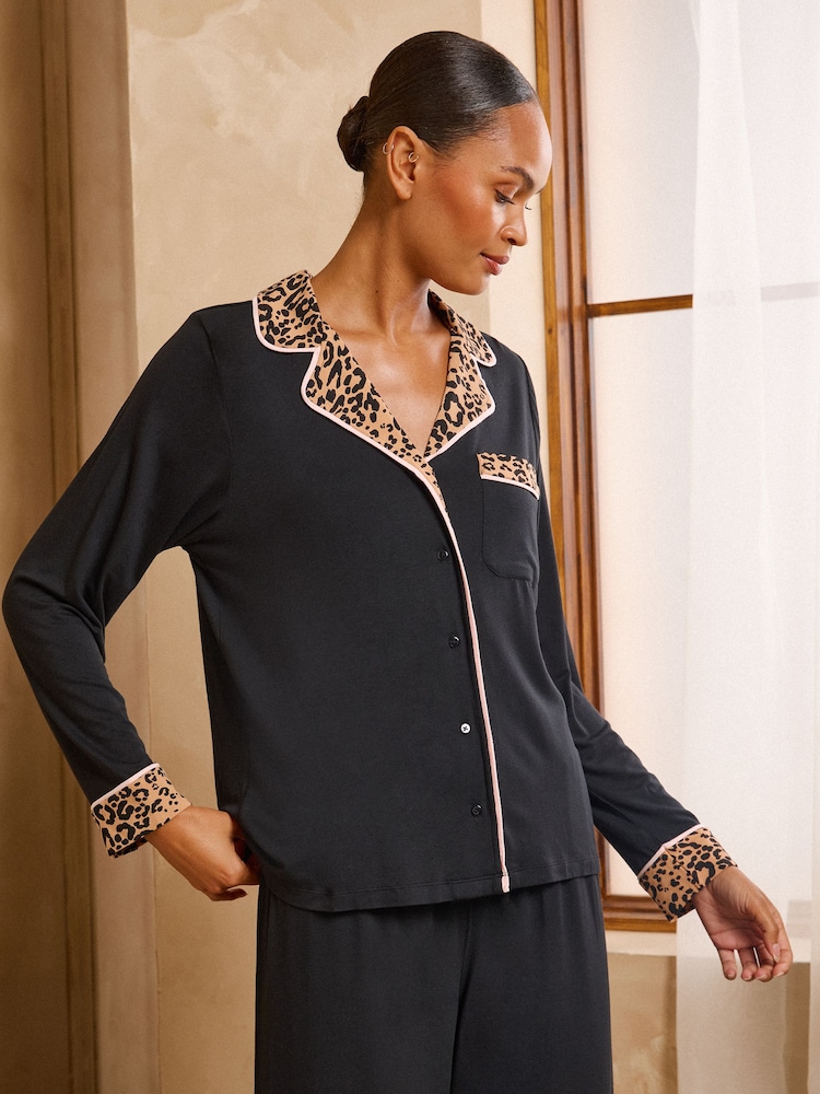 Love & Roses Black Leopard Tipped Jersey Button Through Pyjamas Set - Image 6 of 6 Love & Roses Black Leopard Tipped Jersey Button Through Pyjamas Set - Image 6 of 6