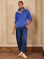 Love & Roses Cobalt Blue Leopard Tipped Quarter Button Through Cosy Borg Fleece - Image 3 of 6