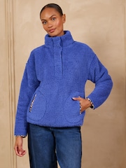 Love & Roses Cobalt Blue Leopard Tipped Quarter Button Through Cosy Borg Fleece - Image 4 of 6