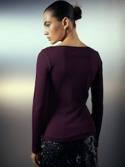 Wine Long Sleeve Ribbed Boat Neck Top - Image 3 of 4