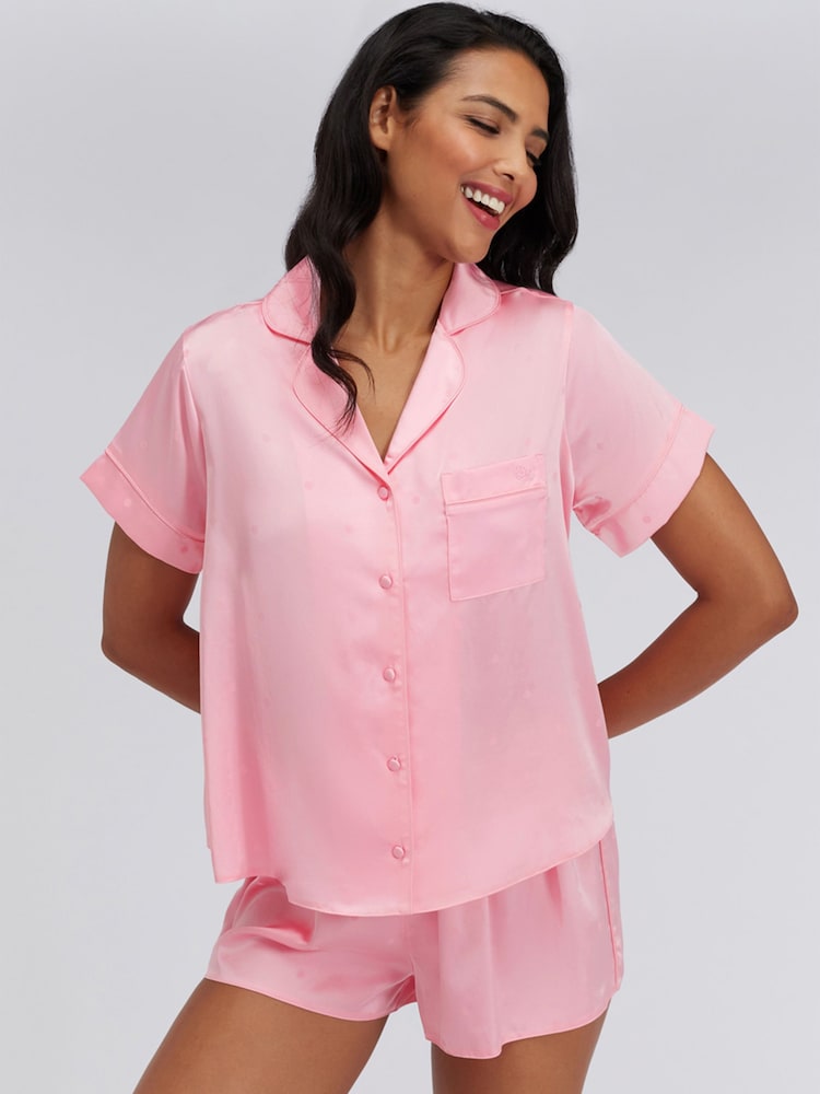 Boux Avenue Pink Spot Satin Short Pyjamas Set - Image 1 of 6