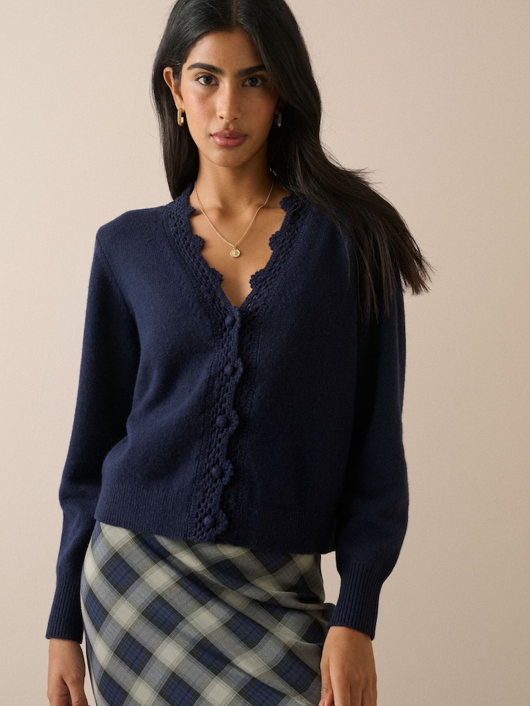 Nobodys Child Blue Crochet Trim V Neck Cardigan - Image 1 of 5