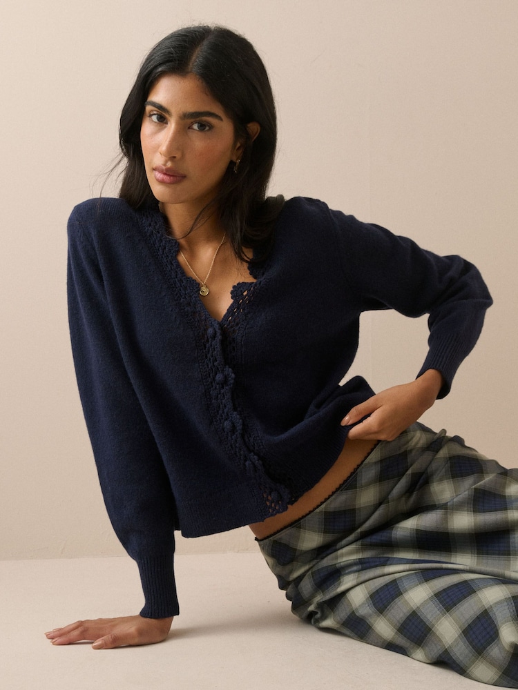 Nobodys Child Blue Crochet Trim V Neck Cardigan - Image 2 of 5