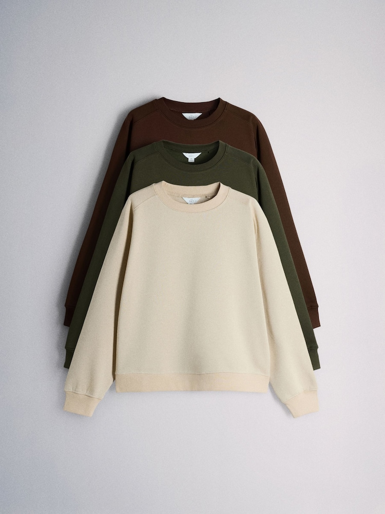 The Set 3 Pack Saddle Sleeve Crew Neck Sweatshirts Dark Green/Brown/Taupe - Image 1 of 6 The Set 3 Pack Saddle Sleeve Crew Neck Sweatshirts Dark Green/Brown/Taupe - Image 1 of 6