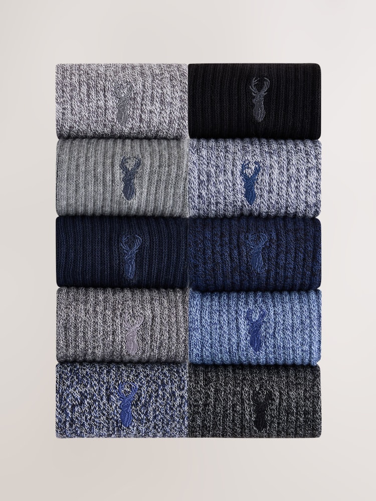 Bleu/Gris - Lot de 10 paires de chaussettes épaisses brodées de cerf - Image 1 de 14