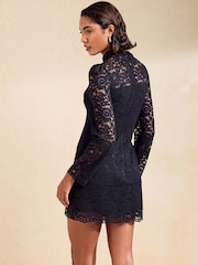 שחור - Friends Like These Lace Shift Long Sleeve Mini Dress - תמונה 5 מתוך 5