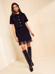 Friends Like These Black Jersey 2in1 Button Through Lace Hem Mini Dress - Image 1 of 5