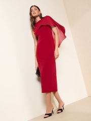 Friends Like These Berry Red Asymmetric Cape Sleeveless Midi Dress - Image 1 of 4