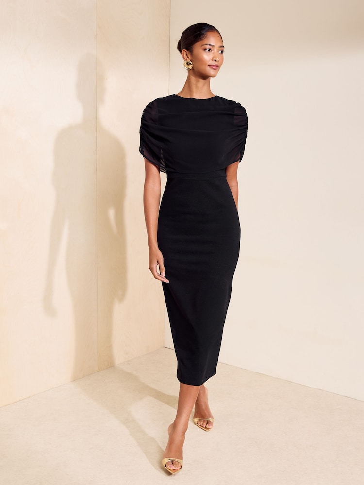 Friends Like These Black Draped Overlay Chiffon Cape Midi Dress - Image 1 of 6