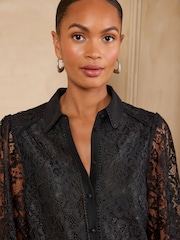Love & Roses Black Lace Button Through  Long Sleeve Shirt - Image 2 of 5