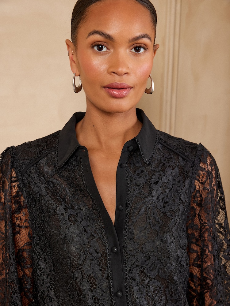 Love & Roses Black Lace Button Through Long Sleeve Shirt - Image 2 of 5 Love & Roses Black Lace Button Through Long Sleeve Shirt - Image 2 of 5