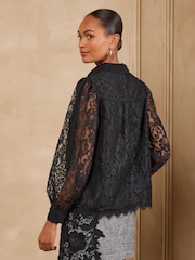 Love & Roses Black Lace Button Through  Long Sleeve Shirt - Image 4 of 5
