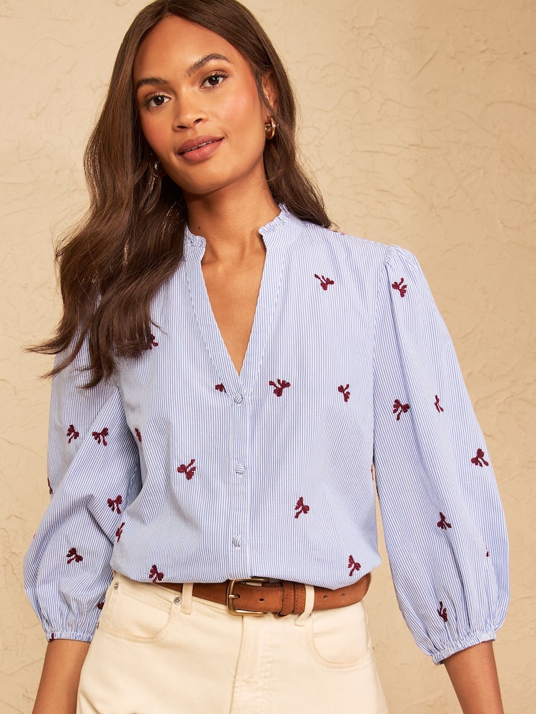 Love & Roses Navy Petite Stripe Bow Embroidered Long Sleeve Notch Neck Blouse - Image 1 of 5