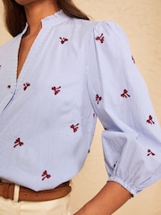 Love & Roses Navy Petite Stripe Bow Embroidered Long Sleeve Notch Neck Blouse - Image 2 of 5