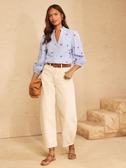Love & Roses Navy Petite Stripe Bow Embroidered Long Sleeve Notch Neck Blouse - Image 3 of 5