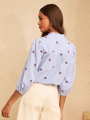Love & Roses Navy Petite Stripe Bow Embroidered Long Sleeve Notch Neck Blouse - Image 4 of 5
