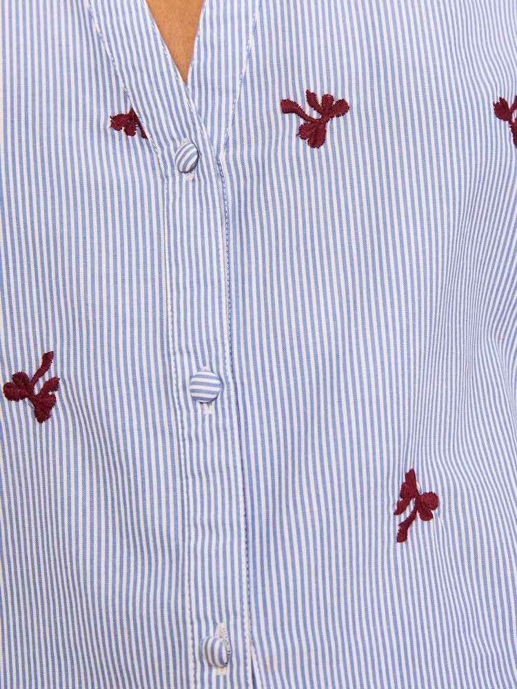 Love & Roses Navy Petite Stripe Bow Embroidered Long Sleeve Notch Neck Blouse - Image 5 of 5