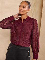 Love & Roses Burgundy Red Lace Button Through  Long Sleeve Shirt - Image 1 of 5